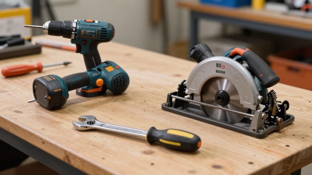 Power tools on a workshop bench.